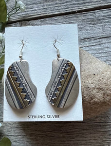 T and R Singer Native American Sterling Silver Gold Filled Earrings. 2.25 Inch