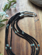 Load image into Gallery viewer, Sterling Silver Multi Strand Black Onyx Turquoise Bead Necklace. 22 Inch