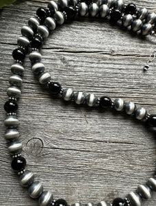 Southwestern Sterling Silver Black Onyx 10mm Pearls Bead Necklace. 26 Inch. Gift