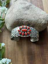Load image into Gallery viewer, Navajo Native Sterling Silver Red Coral Cluster Cuff Bracelet Rew Dineh