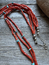 Load image into Gallery viewer, Native American Sterling Silver Multi Strand Coral Turquoise Bead Necklace 30”