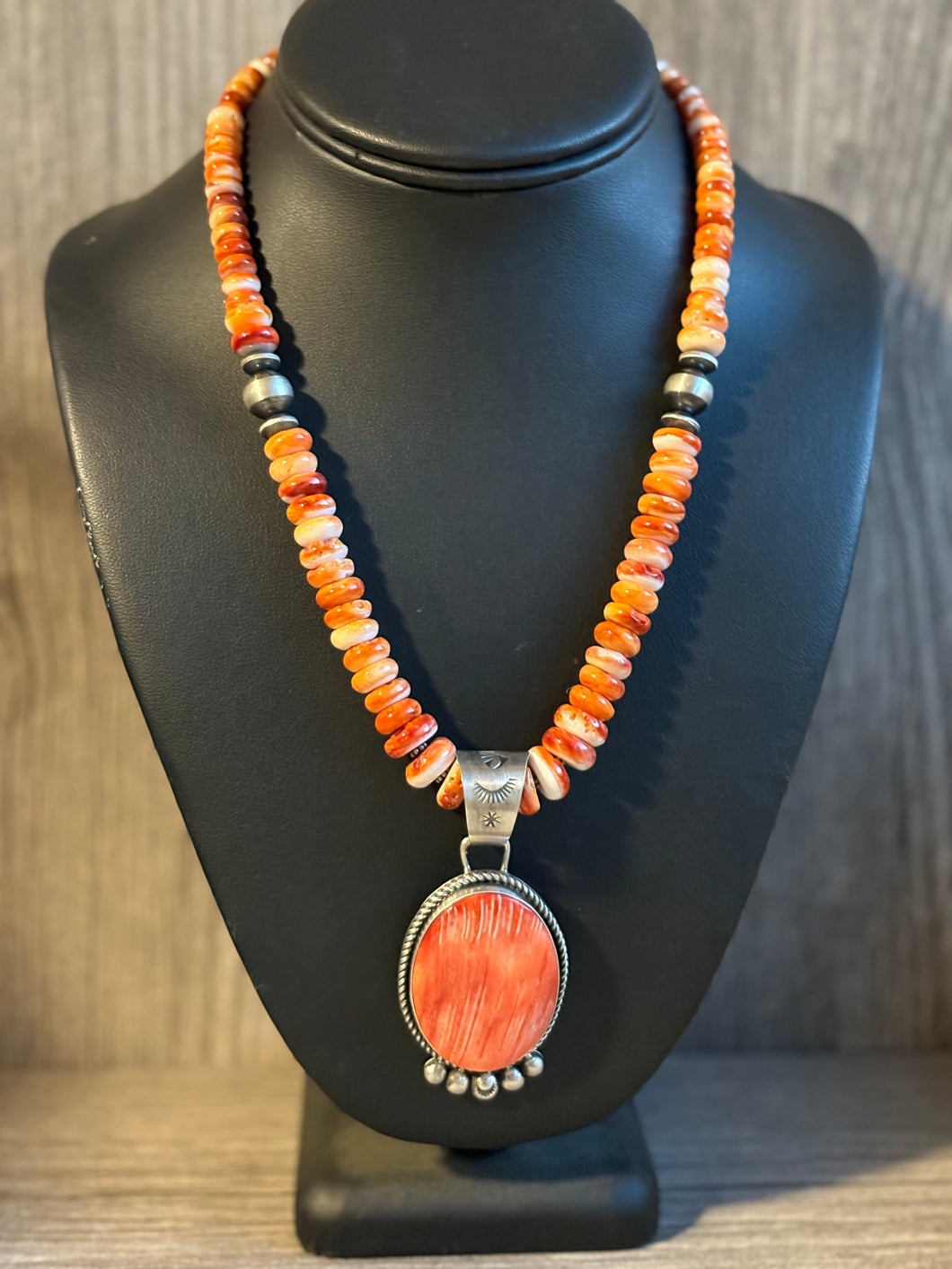 Handmade Navajo Sterling Silver and Orange Spiney Oyster Pendant with Necklace