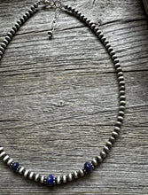 Load image into Gallery viewer, Sterling Silver 4mm Pearls with Lapis Bead Necklace Choker. 14 inch