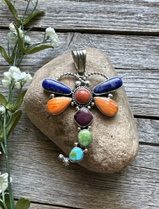 Navajo Sterling Silver Multi Stone Turquoise Dragonfly Pendant Charles Johnson