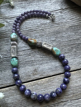 Load image into Gallery viewer, Southwestern Sterling Silver Charoite Turquoise Kokopelli Bead Necklace. 20 Inch