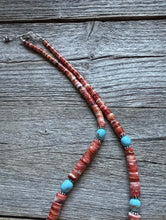 Load image into Gallery viewer, Heishi Sterling Silver Sleeping Beauty Turquoise Spiny Oyster Bead Necklace 18”
