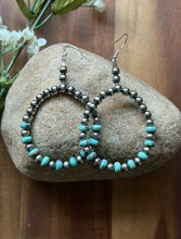 Load image into Gallery viewer, Southwestern Sterling Silver Turquoise Pearls Bead Hoop Earrings. Gift 3.25 Inch