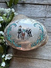 Load image into Gallery viewer, Vintage Native American Sterling Silver Turquoise Mosaic Inlay Belt Buckle. JC