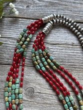 Load image into Gallery viewer, Sterling Silver Multi Strand Blue Green Turquoise Coral Pearls Bead Necklace 30”