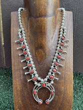 Load image into Gallery viewer, Mini Squash Blossom Sterling Silver Red Coral Shadow Box Necklace Set 22 Inch