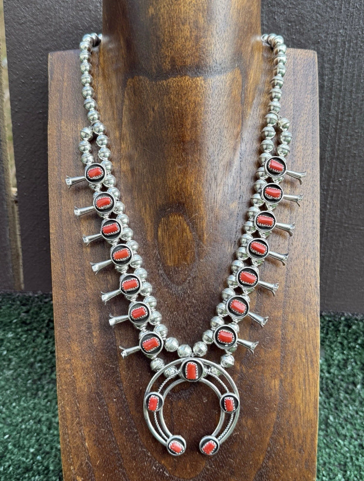 Mini Squash Blossom Sterling Silver Red Coral Shadow Box Necklace Set 22 Inch