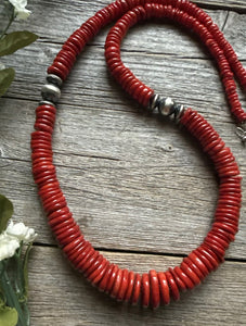 Southwestern Sterling Silver Graduated Bamboo Red Coral Bead Necklace 28 inch