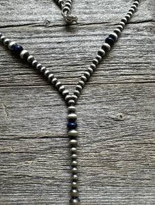 Sterling Silver Lapis W Pearls Bead Lariat Y Necklace. 26 inch