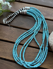 Load image into Gallery viewer, Sterling Silver Multi Strand Blue Turquoise Bead Necklace. 24 inch. Gift