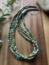 Load image into Gallery viewer, Sterling Silver Multi Strand Stone Blue Green Turquoise Nuggets Bead Necklace 24