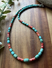 Load image into Gallery viewer, Sterling Silver Graduated Turquoise Heishi Spiny Oyster Bead Necklace 23 Inch