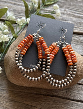 Load image into Gallery viewer, Sterling Silver Double Loop Orange Spiny Oyster Pearls Hoop Earrings.