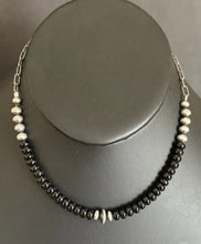 Load image into Gallery viewer, Sterling Silver Graduated Black Onyx Pearls Chain Bead Necklace. 16 Inch. Gift
