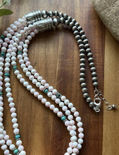 Load image into Gallery viewer, Sterling Silver Pink Conch Turquoise Pearls Multi Strand Bead Necklace. 30 Inch