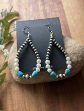 Load image into Gallery viewer, Sterling Silver Freshwater Pearl Turquoise Pearls Bead Loop Hoop Earrings