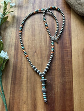 Load image into Gallery viewer, Sterling Silver Spiny Oyster Turquoise Pearls Lariat Y Bead Necklace. 28 inch