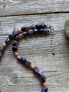 Sterling Silver Charoite Nuggets Orange Spiny Oyster Bead Necklace. 18 Inch