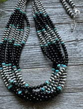 Load image into Gallery viewer, Sterling Silver Multi Strand Black Onyx with Turquoise Bead Necklace. 30 Inch