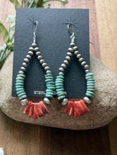 Load image into Gallery viewer, Sterling Silver Turquoise Spiny Oyster Pearls Bead Loop Hoop Earrings. 3 Inch
