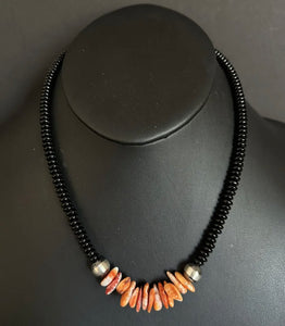 Mens Sterling Silver Black Onyx Orange Spiny Oyster Bead Necklace. 18 Inch