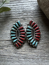 Load image into Gallery viewer, Navajo Native American Sterling Silver Turquoise Coral Cluster Stud Earrings J