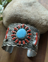 Load image into Gallery viewer, Navajo Native Sterling Silver Red Coral Turquoise Cluster Cuff Bracelet T Jon