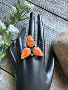 Jimmy Garcia Sterling Silver Orange Spiny Oyster Adjustable Ring. Navajo