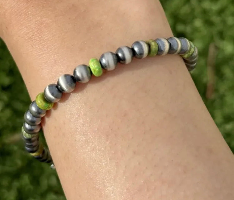 Genuine Green Turquoise 6mm 7 Inch 925 Sterling Silver Pearls Bead Bracelet