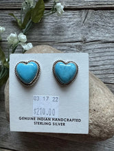 Load image into Gallery viewer, Navajo Sterling Silver Blue Turquoise Heart Stud Earrings. Gift