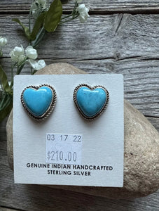 Navajo Sterling Silver Blue Turquoise Heart Stud Earrings. Gift