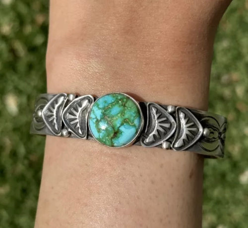 Navajo Native Sterling Silver Sonoran Gold Turquoise Cuff Bracelet. Leroy James