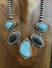 Load image into Gallery viewer, Navajo Sterling Silver Black Jack Kingman Turquoise Lariat Pearls Chain Necklace