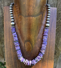 Load image into Gallery viewer, Southwestern 925 Sterling Silver Purple Charoite W Pearls Bead Necklace. 18 Inch