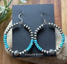 Load image into Gallery viewer, Sterling Silver Blue Turquoise Bead W Pearls Loop Hoop Earrings.