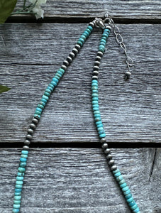 Southwestern Sterling Silver 4mm Blue Turquoise W Pearls Bead Necklace. 18 inch