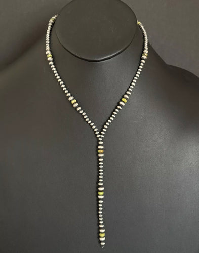 Sterling Silver Green Turquoise W Pearls Bead Lariat Y Necklace. 26 inch