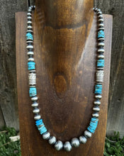 Load image into Gallery viewer, Sterling Silver Blue Turquoise W Pearls Bead Necklace. 22 inch