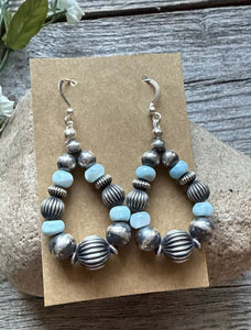Sterling Silver Blue Larimar W Pearls Bead Loop Corrugated Earrings. 2.4 Inch
