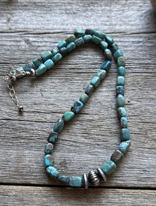 Sterling Silver Turquoise Nuggets Corrugated Pearl Bead Necklace. 18 inch