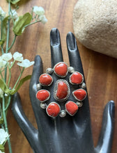 Load image into Gallery viewer, Navajo Native American Sterling Silver Red Coral Cluster Adjustable Ring. T Jon