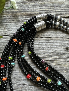 Sterling Silver Multi Strand Black Onyx Multi Stone Bead Necklace. 24 Inch