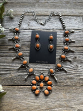 Load image into Gallery viewer, Small Navajo Squash Blossom Sterling Silver Orange Spiny Oyster Necklace Set E
