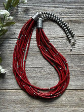 Load image into Gallery viewer, Sterling Silver Multi Strand Red Bamboo Coral Bead Necklace 28 Inch