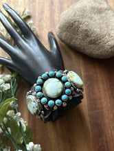 Load image into Gallery viewer, Native American Sterling Silver Palomino Turquoise Cluster Cuff Bracelet. RY