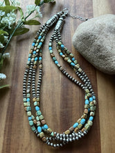 Load image into Gallery viewer, Sterling Silver Multi Strand Blue Green Turquoise Nuggets Pearls Bead Necklace
